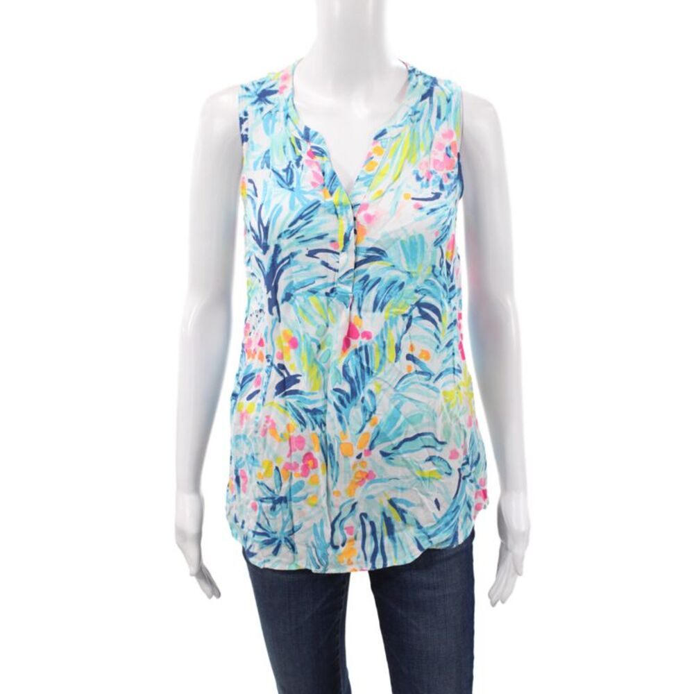 Lily Pulitzer Women Sleeveless V-Neck Floral Tunic Blouse Blue Rayon Size XS